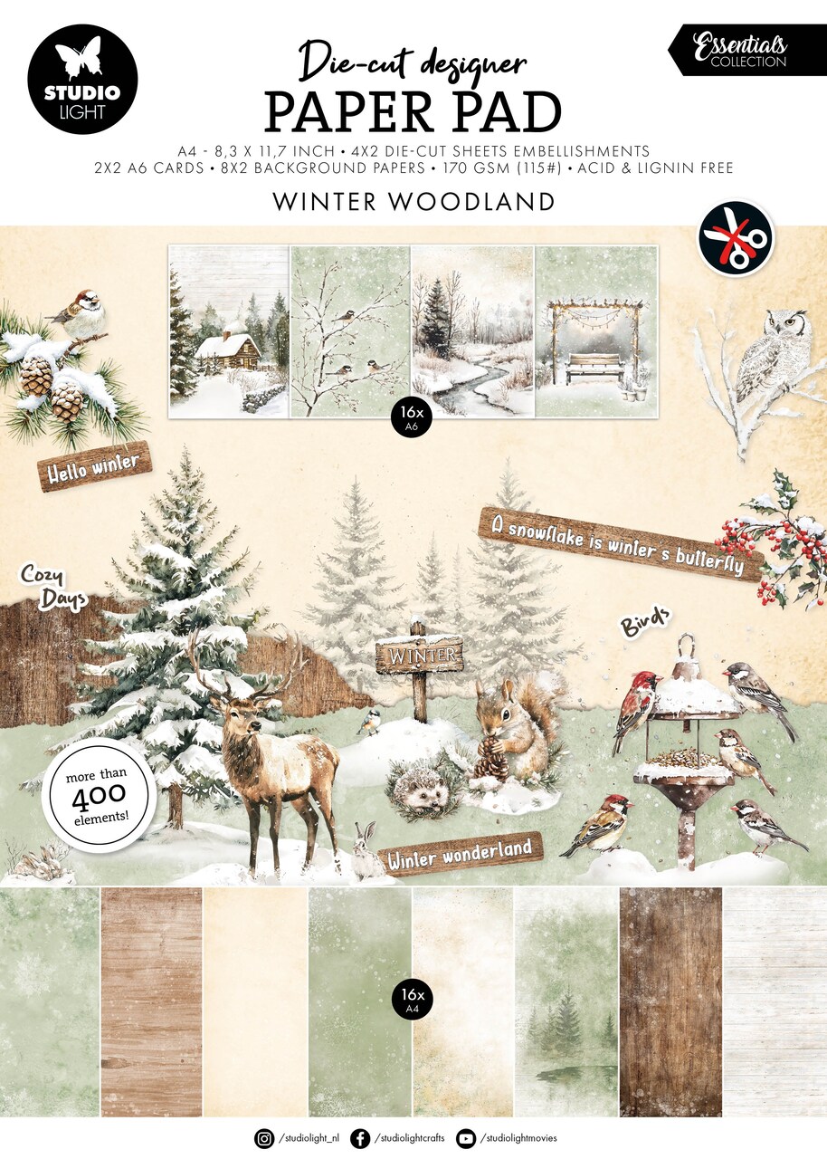 Studio Light Essentials Die-Cut Paper Pad 11.5"X8" 28/Pkg-Winter Woodland